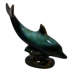 Blue Mountain Pottery Dolphin Figurine 6.75" Tall Green Black Drip Glaze